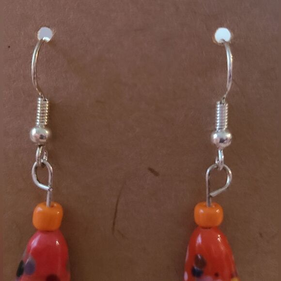 Orange with Multicolor Glass Bead Silver Toned Fish Hook Earrings J1-21 - Picture 3 of 4